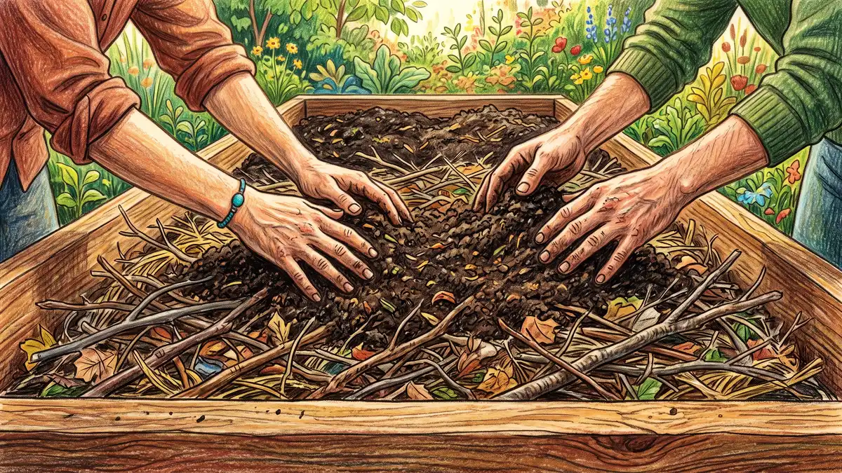 Hand-illustrated close-up of two hands spreading a layer of dark compost and topsoil over a mound of branches while building a garden bed