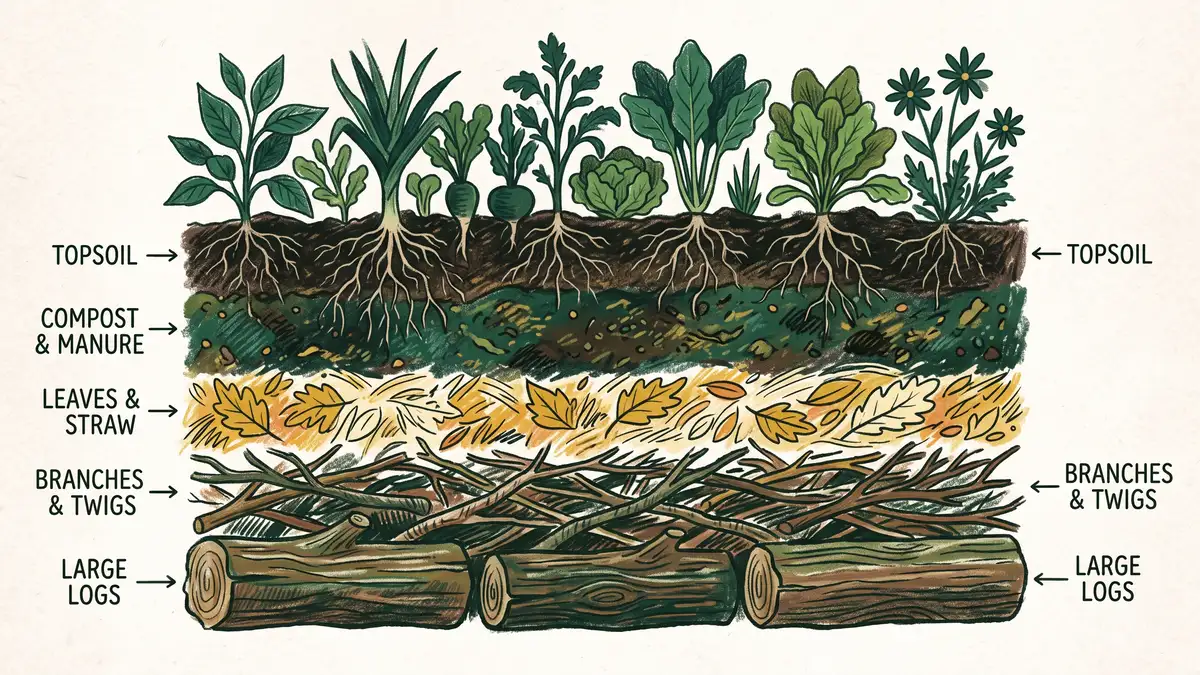 Hand-illustrated cross-section infographic of a hugelkultur bed showing five stacked layers: logs, branches, leaves and straw, compost and manure, then topsoil