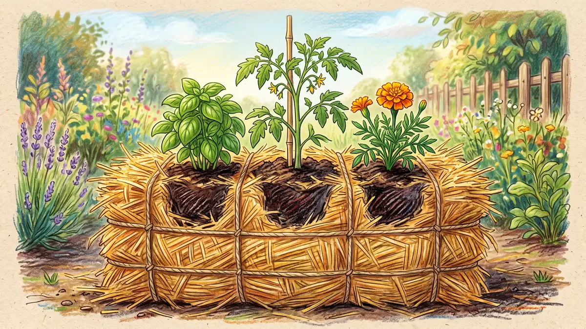 Hand-illustrated conditioned straw bale planted on top with a young tomato plant, a basil plant, and a marigold growing together