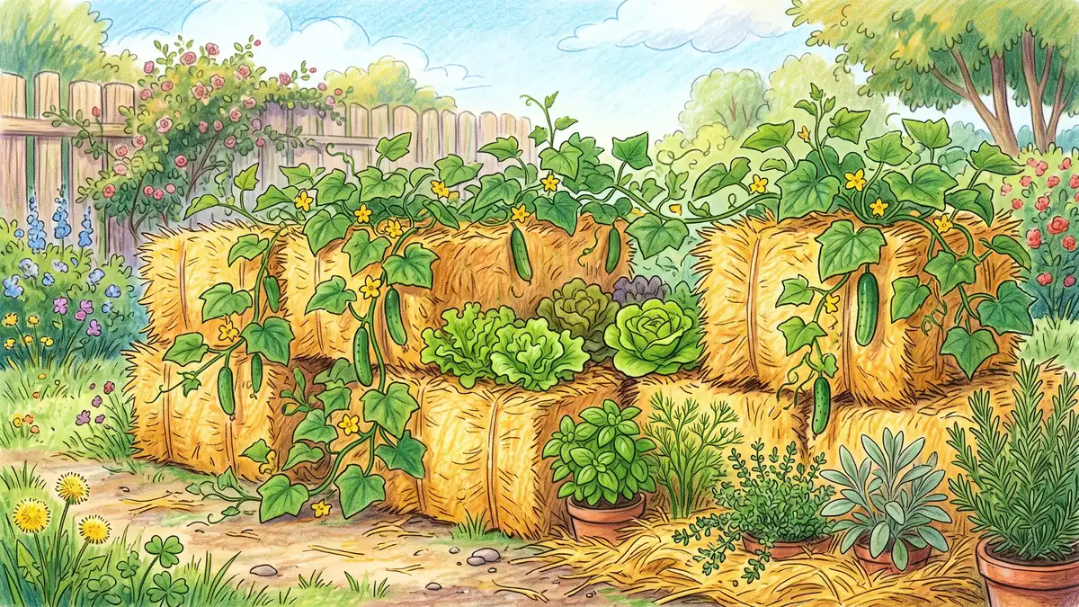 Hand-illustrated row of straw bales with cucumber vines trailing over the edges, lettuce tucked between plants, and herbs along the sides