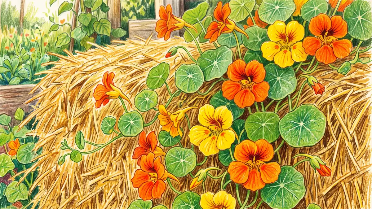 Hand-illustrated bright orange and yellow nasturtium flowers cascading down the side of a golden straw bale