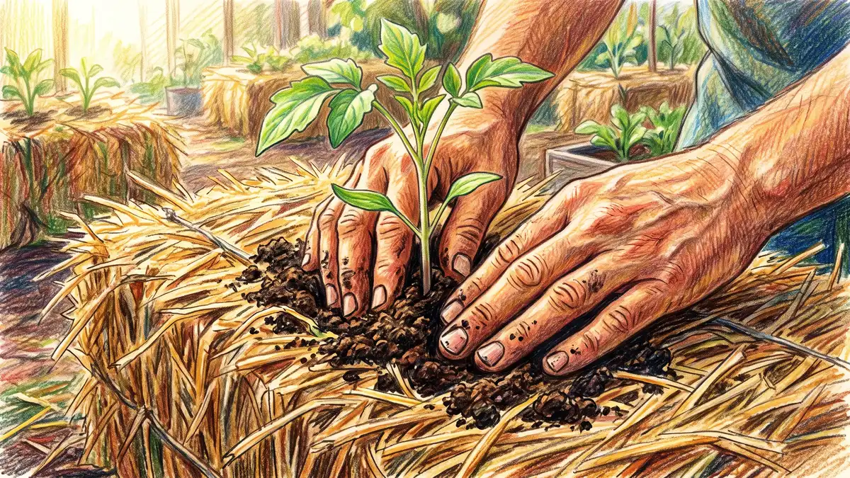Hand-illustrated close-up of two hands tucking a young vegetable seedling into a planting pocket in a conditioned straw bale