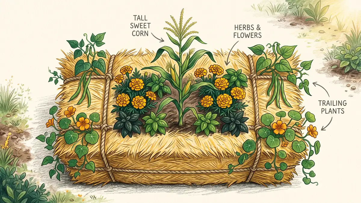 Hand-illustrated top-down infographic of a companion planting layout on a single straw bale with a tall center plant, herbs and flowers, and trailing edges