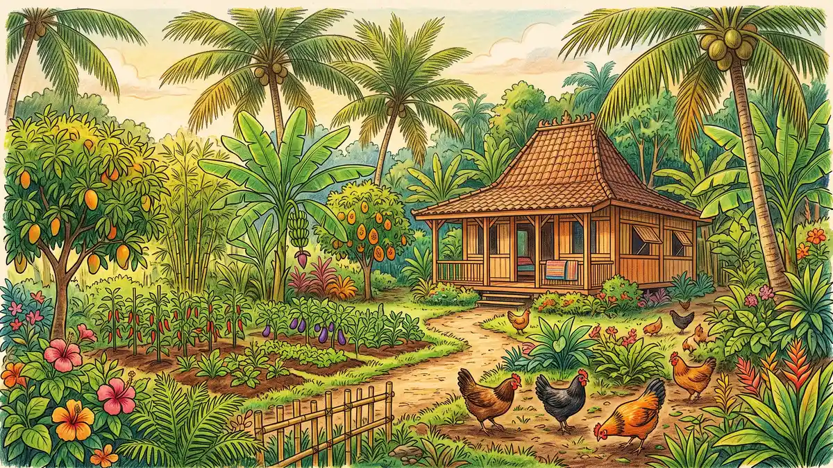 Hand-illustrated traditional Indonesian pekarangan home garden with a house surrounded by layered coconut palms, banana plants, fruit trees, and vegetables