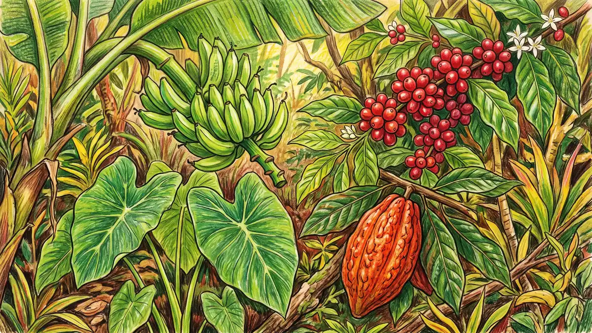 Hand-illustrated close-up of tropical garden crops together: green bananas, red coffee cherries, a cacao pod, and taro leaves