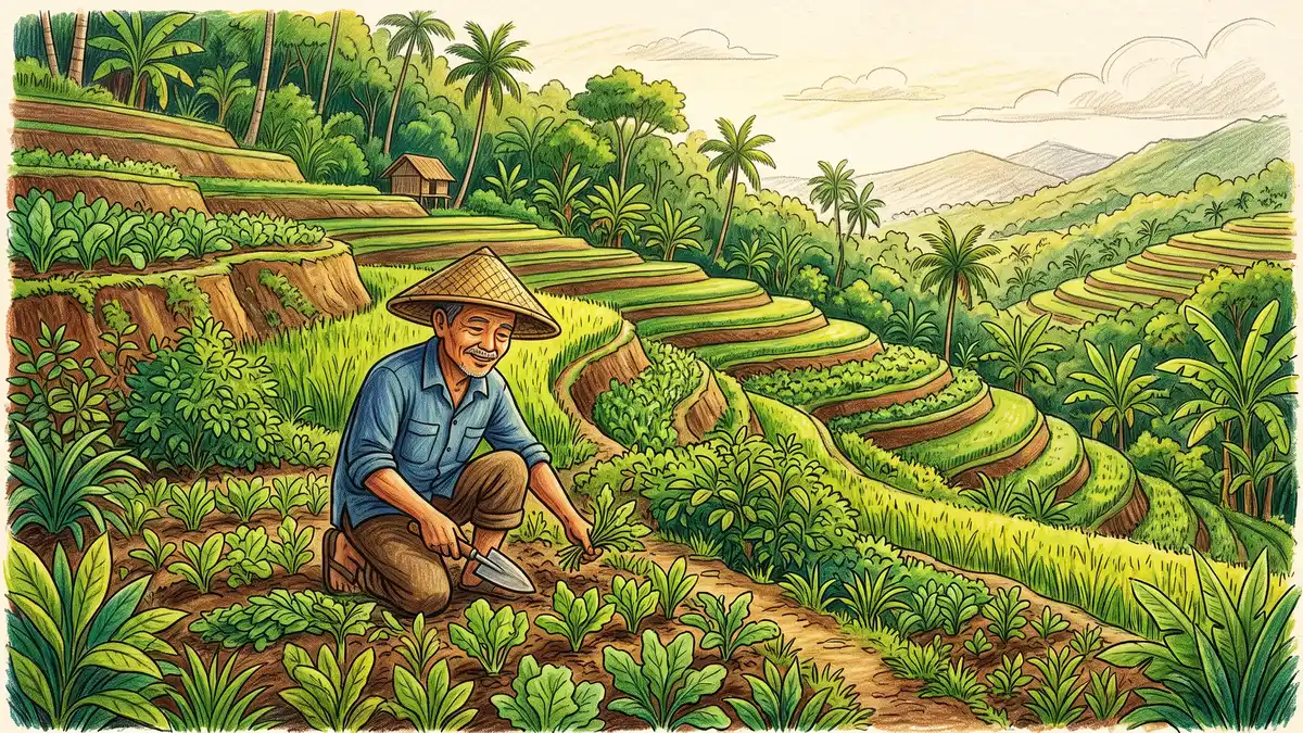 Hand-illustrated Indonesian farmer in a woven hat tending plants on a lush terraced tropical hillside garden