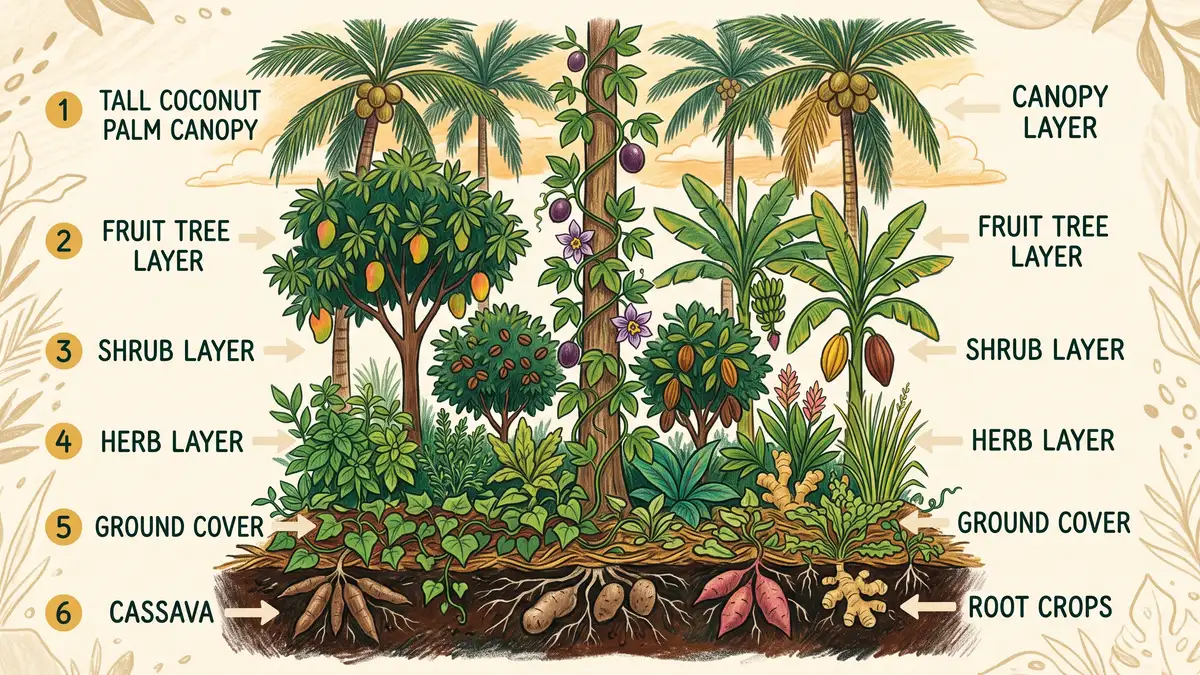 Hand-illustrated infographic of a tropical food forest cross-section showing layers from coconut palm canopy down through fruit trees, coffee shrubs, herbs, ground cover, and root crops