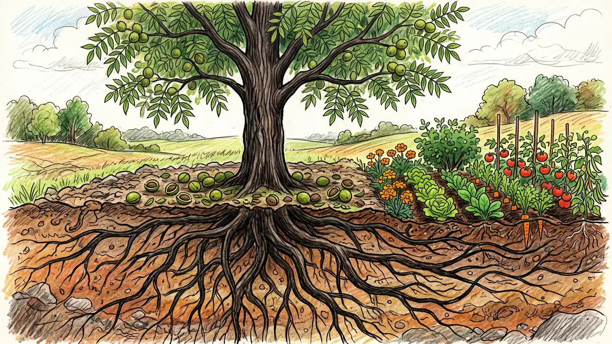 Hand-illustrated cross-section of a black walnut tree with roots spreading far underground beyond the canopy toward a nearby garden bed, green nut hulls on the ground