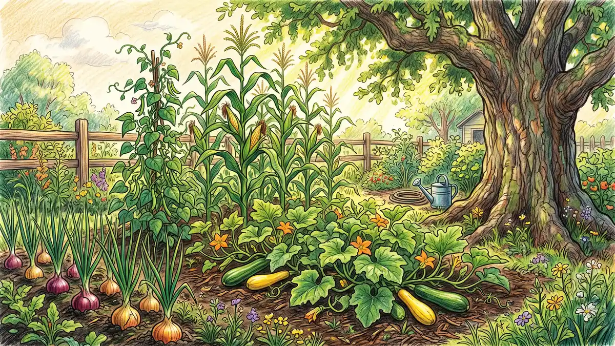 Hand-illustrated thriving vegetable garden of corn, beans, squash, and onions growing healthily in dappled shade near a large tree trunk