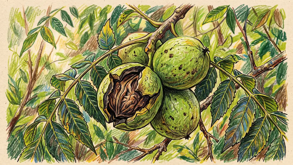 Hand-illustrated close-up of black walnut fruits with green husks and dark leaves on a branch, one husk split to show the nut inside