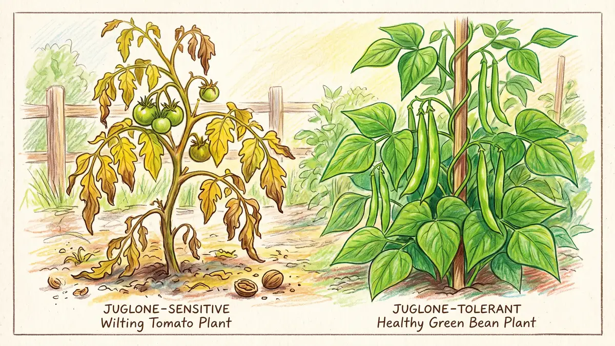 Hand-illustrated comparison of a wilting yellowing tomato plant beside a healthy green bean plant showing juglone-sensitive versus tolerant plants