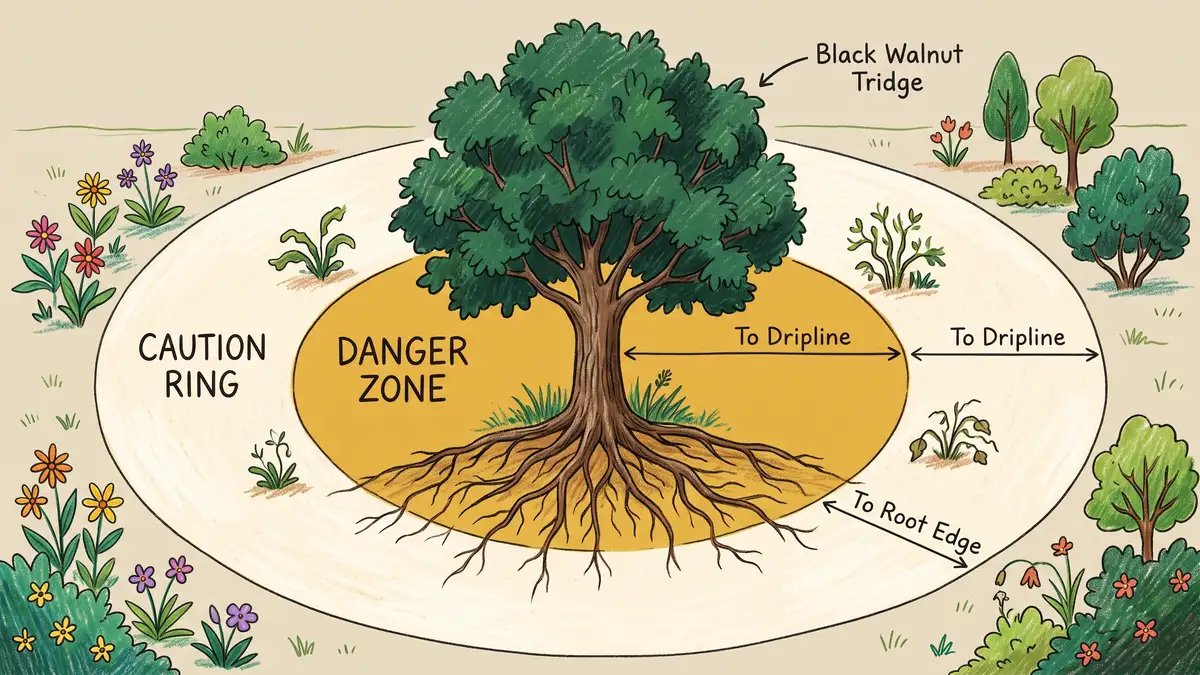 Hand-illustrated infographic of a black walnut tree showing concentric juglone toxicity zones: a dense danger zone under the canopy dripline and a wider caution ring extending outward