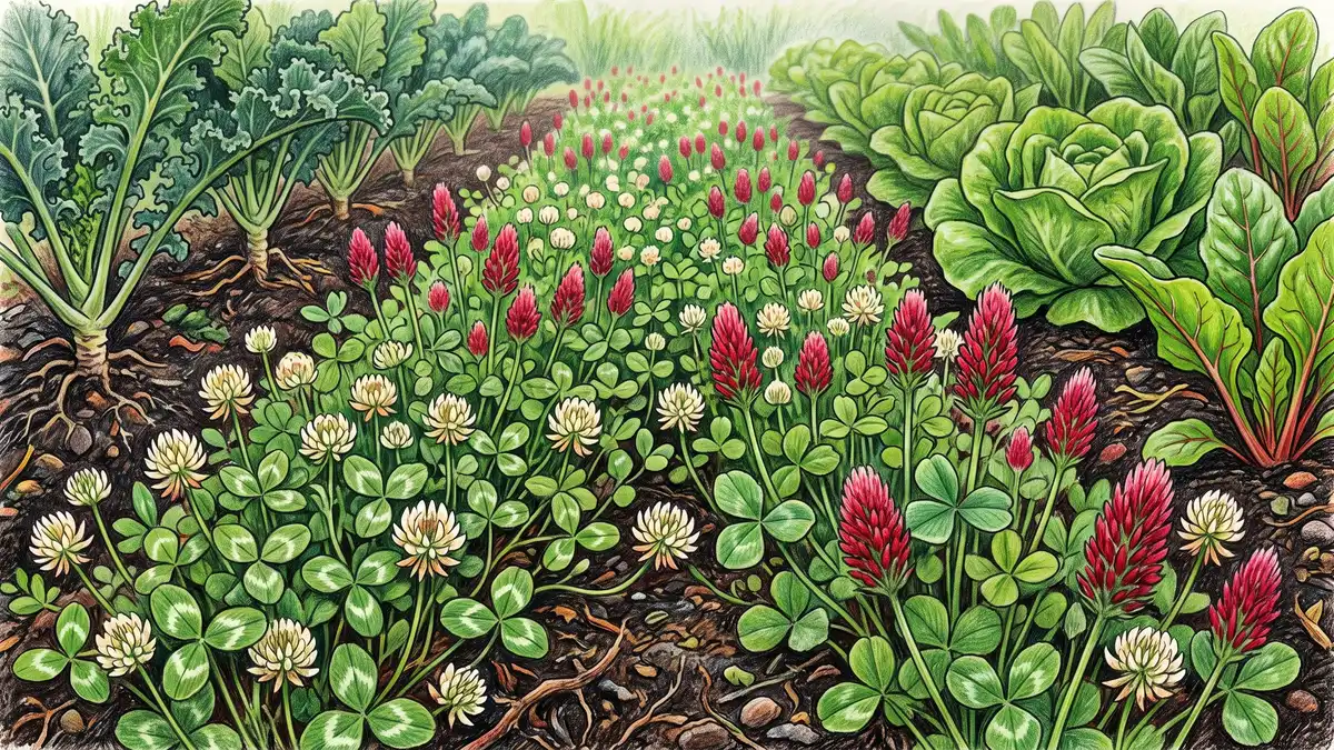 Hand-illustrated close-up of crimson clover and Dutch white clover living mulch carpeting the soil between two rows of leafy green vegetables