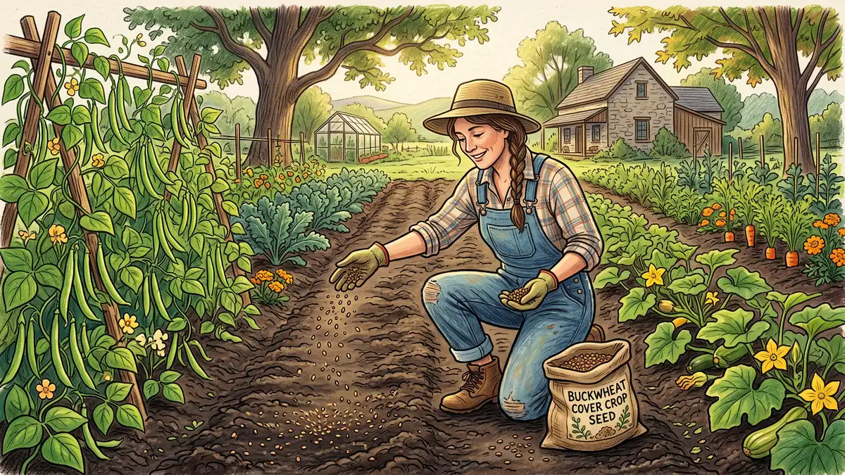 Hand-illustrated homesteader broadcasting buckwheat cover crop seed by hand into the pathway soil between rows of established squash and beans