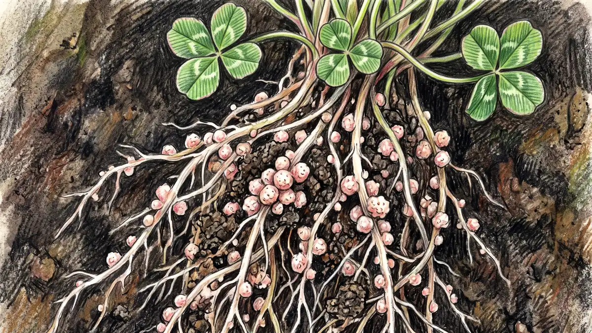 Hand-illustrated close-up of white clover roots showing the pink-white nitrogen-fixing nodules clustered along the roots in dark garden soil