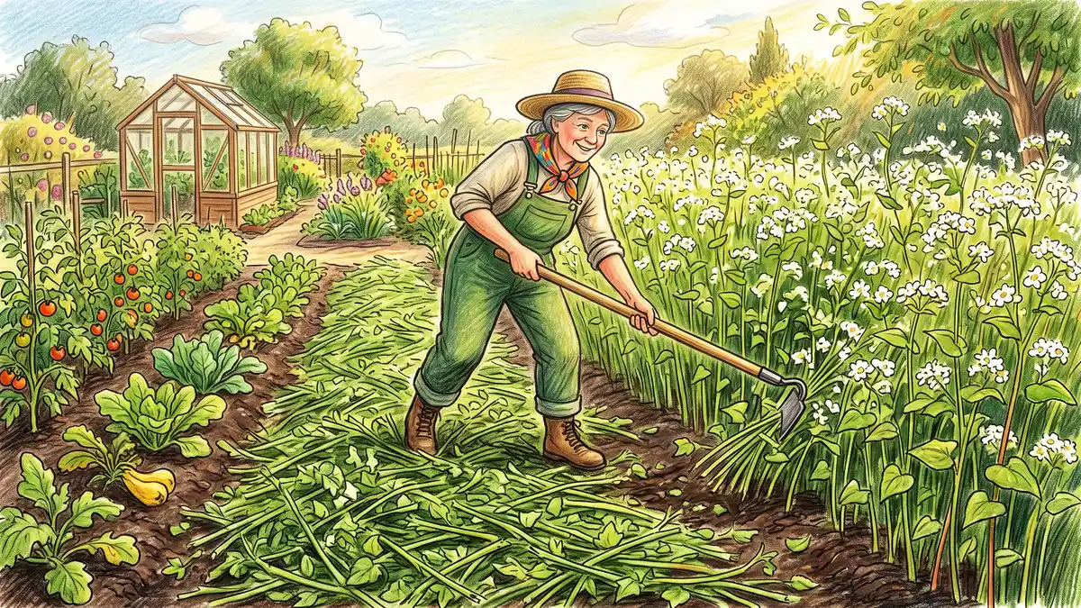 Hand-illustrated gardener using a hoe to chop down a flowering buckwheat cover crop as chop-and-drop mulch between vegetable rows