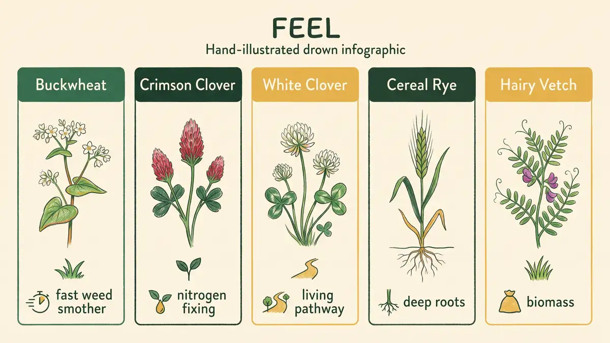 Hand-illustrated infographic comparing five garden cover crops (buckwheat, crimson clover, white clover, cereal rye, hairy vetch) and their main benefits