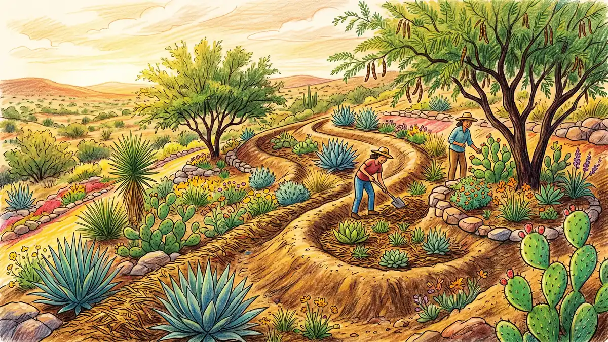 Hand-illustrated dryland permaculture garden with contour swales, mulched water basins, and drought-tolerant agave and mesquite on golden soil