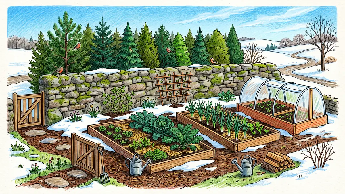 Hand-illustrated cold-climate permaculture garden with south-facing raised beds, a stone thermal-mass wall, a hoop-house cold frame, and a windbreak hedge