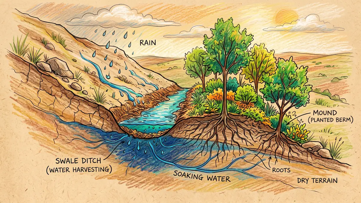 Hand-illustrated cross-section of a permaculture swale on contour with rainwater soaking into the soil and spreading to tree roots