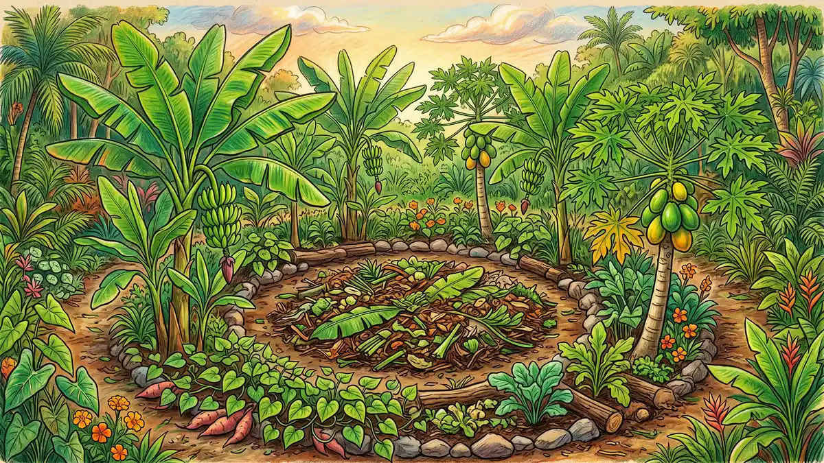 Hand-illustrated tropical permaculture banana circle with a ring of banana and papaya plants around a central mulch-filled pit