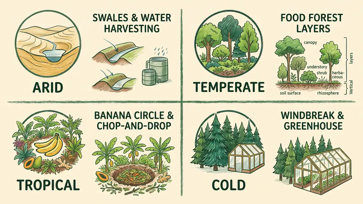 Hand-illustrated infographic matching four climate types to their key permaculture strategies: arid swales, temperate food forest, tropical banana circle, cold windbreak