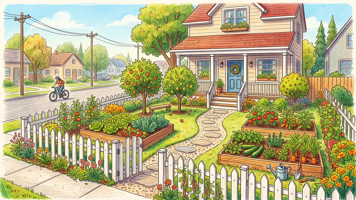 Hand-illustrated productive suburban front yard converted to an edible garden with raised vegetable beds, dwarf fruit trees, and a path to the door