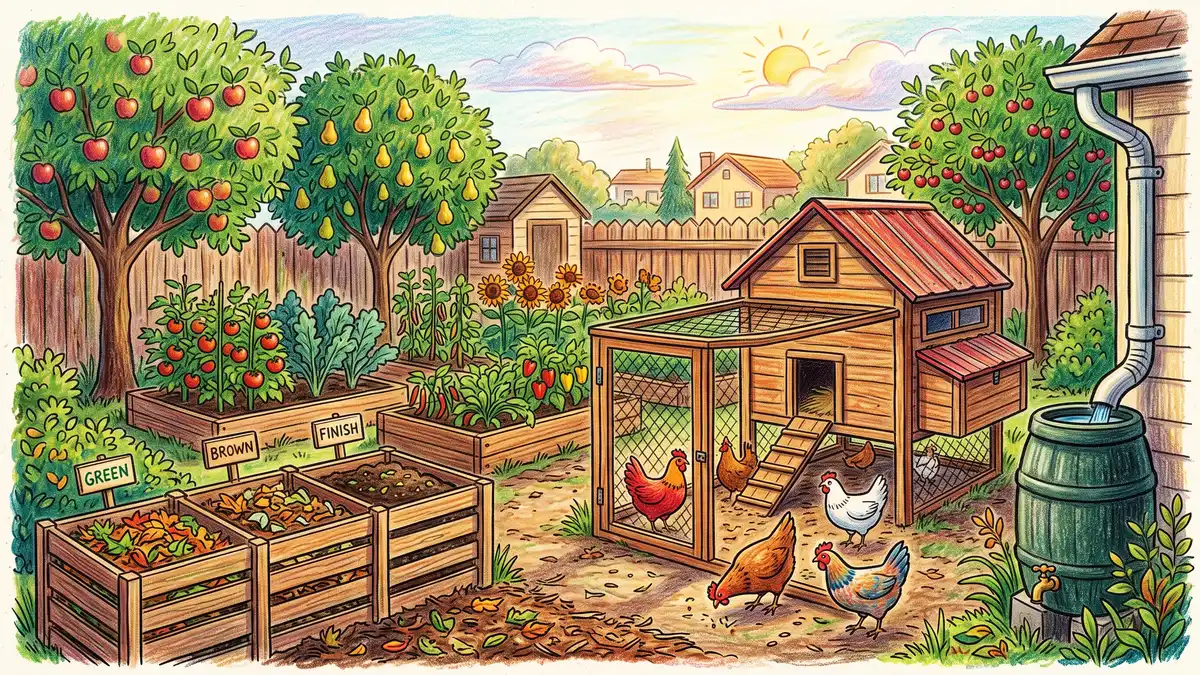 Hand-illustrated suburban backyard homestead with a small chicken coop, three compost bins, raised beds, a rain barrel, and fruit trees along the fence