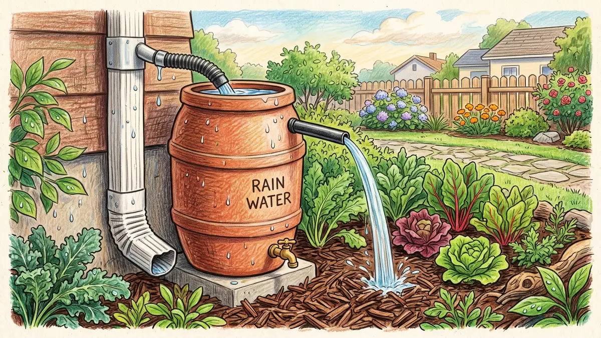 Hand-illustrated rain barrel connected to a house downspout with overflow feeding a mulched garden bed of leafy vegetables