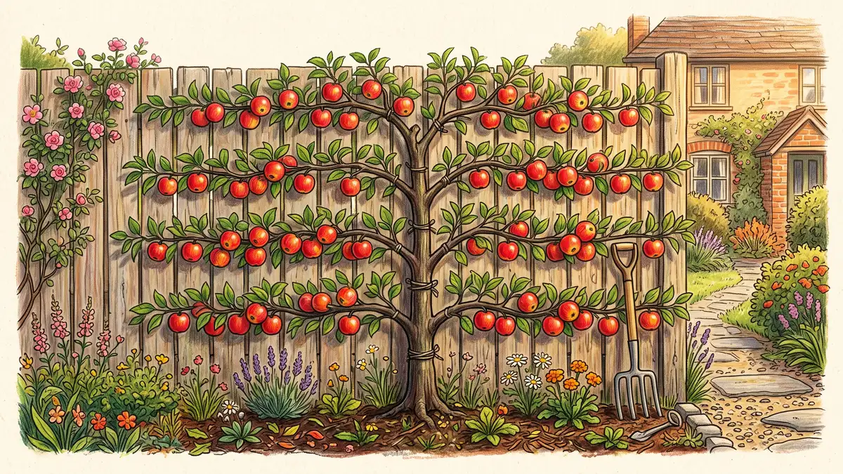 Hand-illustrated espaliered apple tree trained flat along a suburban fence in tidy horizontal tiers heavy with red apples