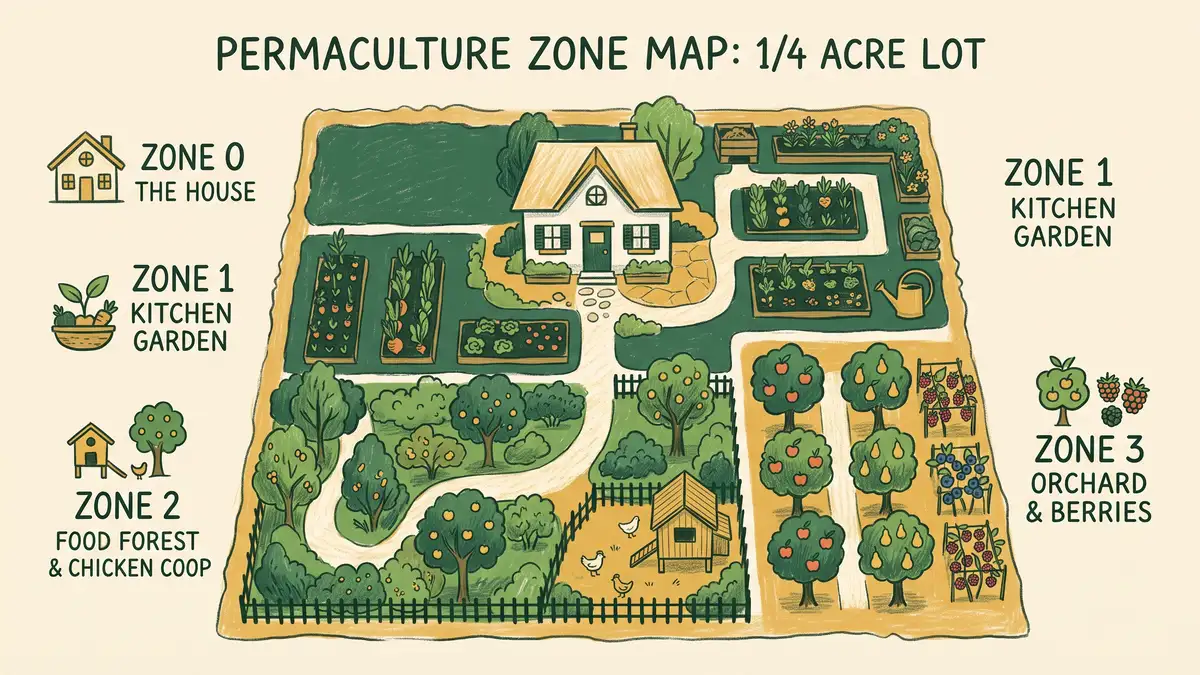 Hand-illustrated overhead zone map of a suburban quarter-acre lot showing permaculture zones 0 through 3 from house to orchard