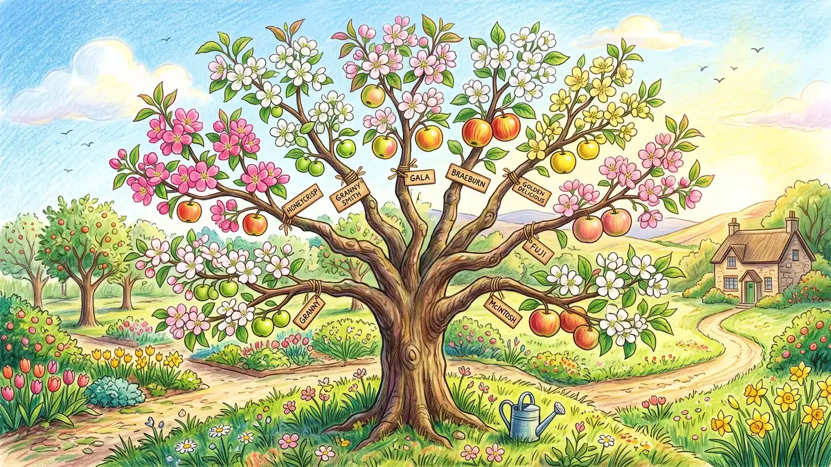 Hand-illustrated multi-graft family apple tree in bloom with several varieties on one trunk showing different blossoms and fruit