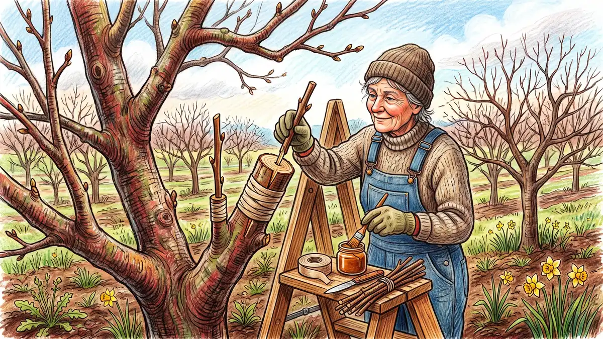 Hand-illustrated gardener top-working an established apple tree by inserting bark grafts of new scions into a sawn branch stub and sealing with wax