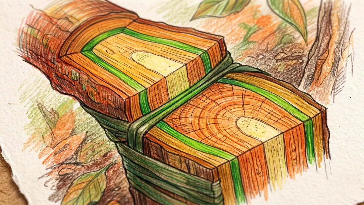 Hand-illustrated cross-section of a fruit tree graft union showing the green cambium layers of scion and rootstock aligned and wrapped with tape