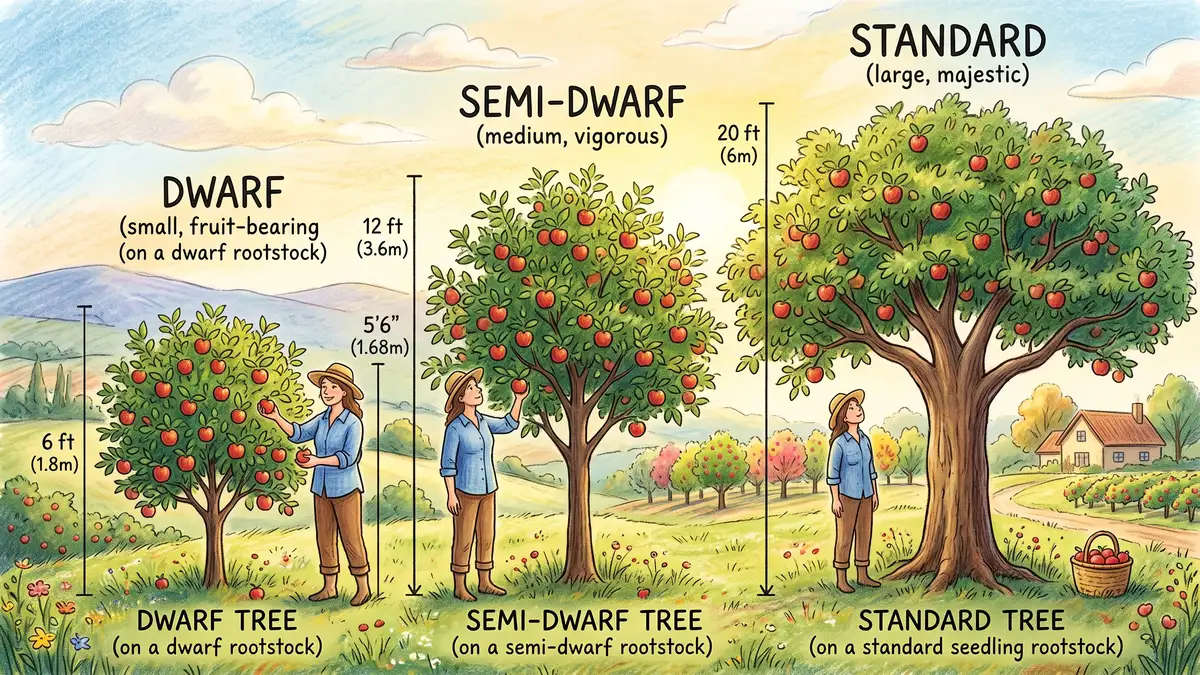 Hand-illustrated comparison of dwarf, semi-dwarf, and standard apple trees grown on different rootstocks with a person for scale