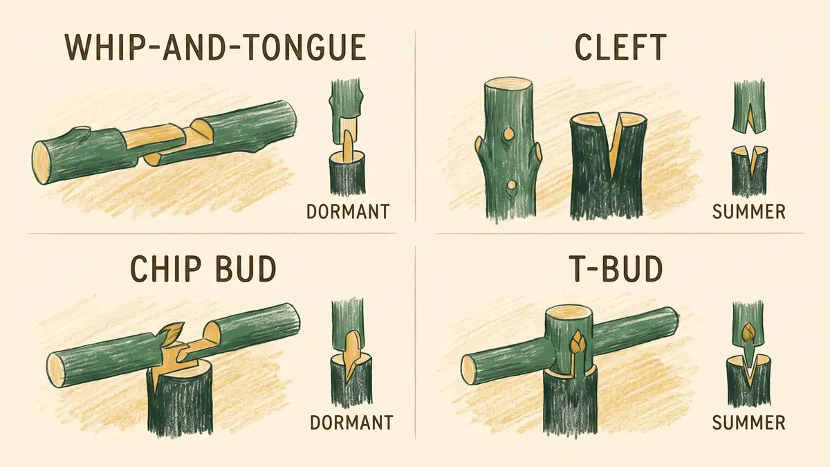 Hand-illustrated infographic comparing four fruit tree graft types (whip-and-tongue, cleft, chip bud, T-bud) and the season each is done