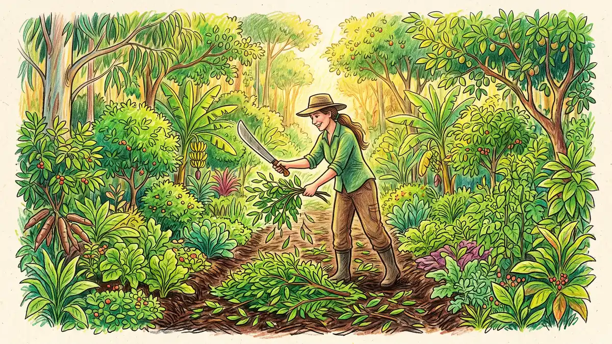 Hand-illustrated syntropic agriculture practitioner using a machete to chop-and-drop prune a dense multi-layer row and lay cut branches as mulch