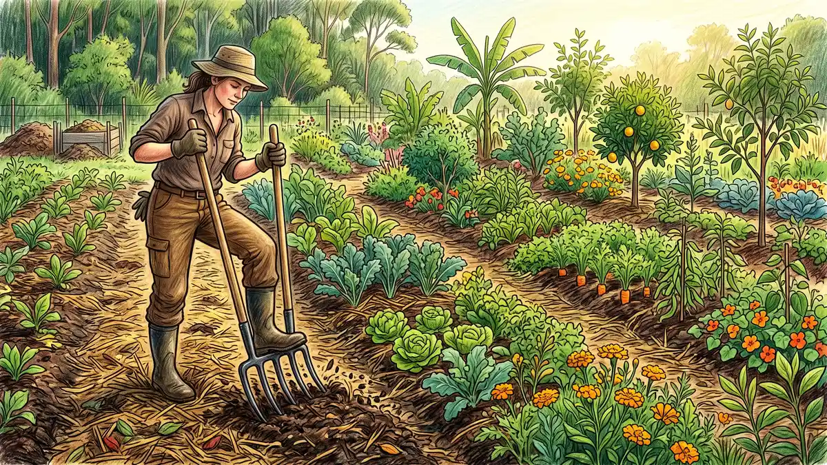 Hand-illustrated gardener stepping on a broadfork to aerate soil beside densely planted no-till syntropic garden rows with mulched ground