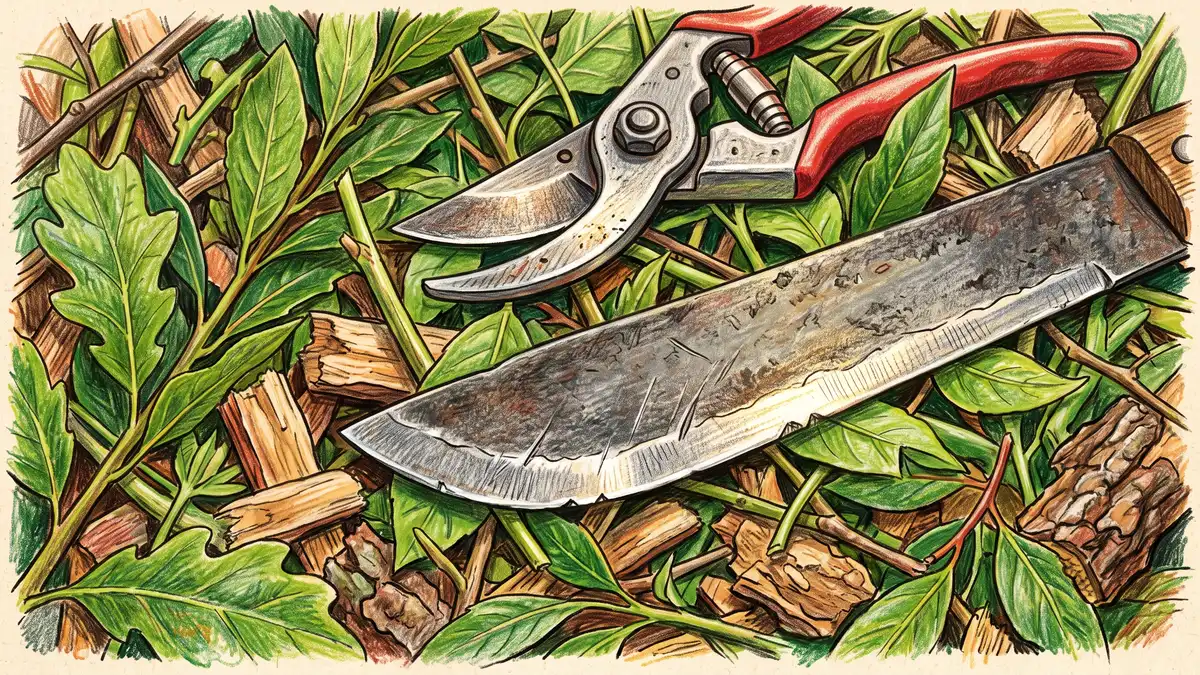 Hand-illustrated close-up of a freshly sharpened machete blade and bypass pruning shears among fresh green prunings and wood chips