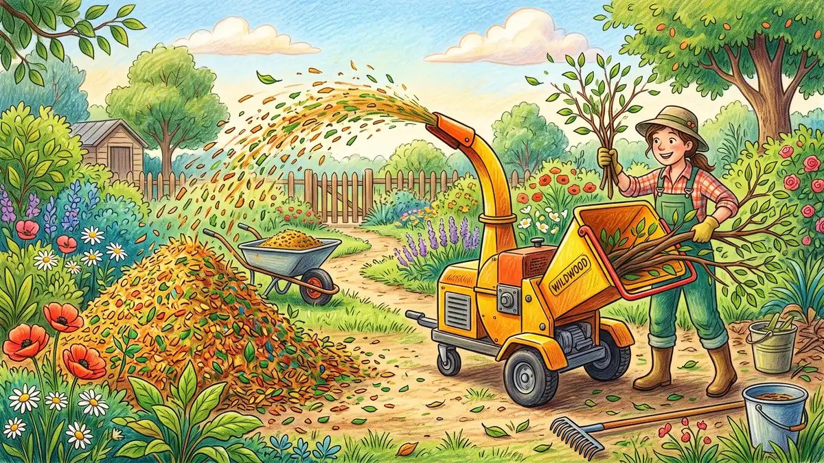 Hand-illustrated small wood chipper turning tree branches into a pile of fresh wood chip mulch in a green garden