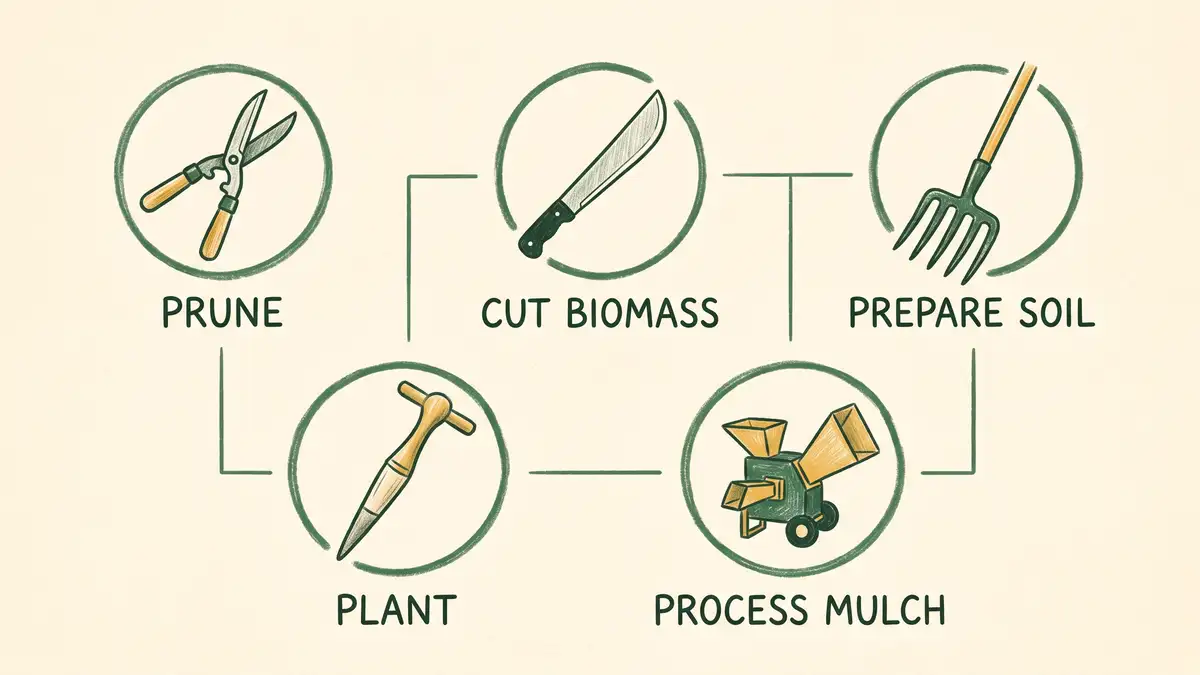 Hand-illustrated infographic grouping the syntropic agriculture toolkit by task: prune, cut biomass, prepare soil, plant, and process mulch