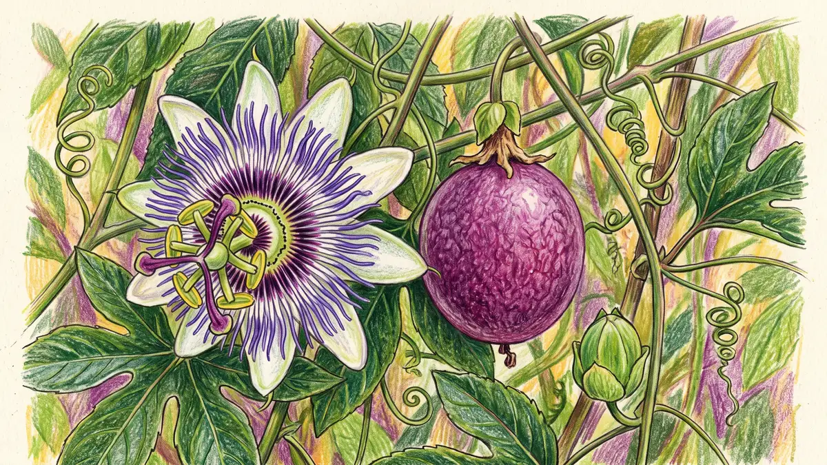 Hand-illustrated close-up of an intricate purple and white passion flower beside a ripe purple passion fruit on the vine
