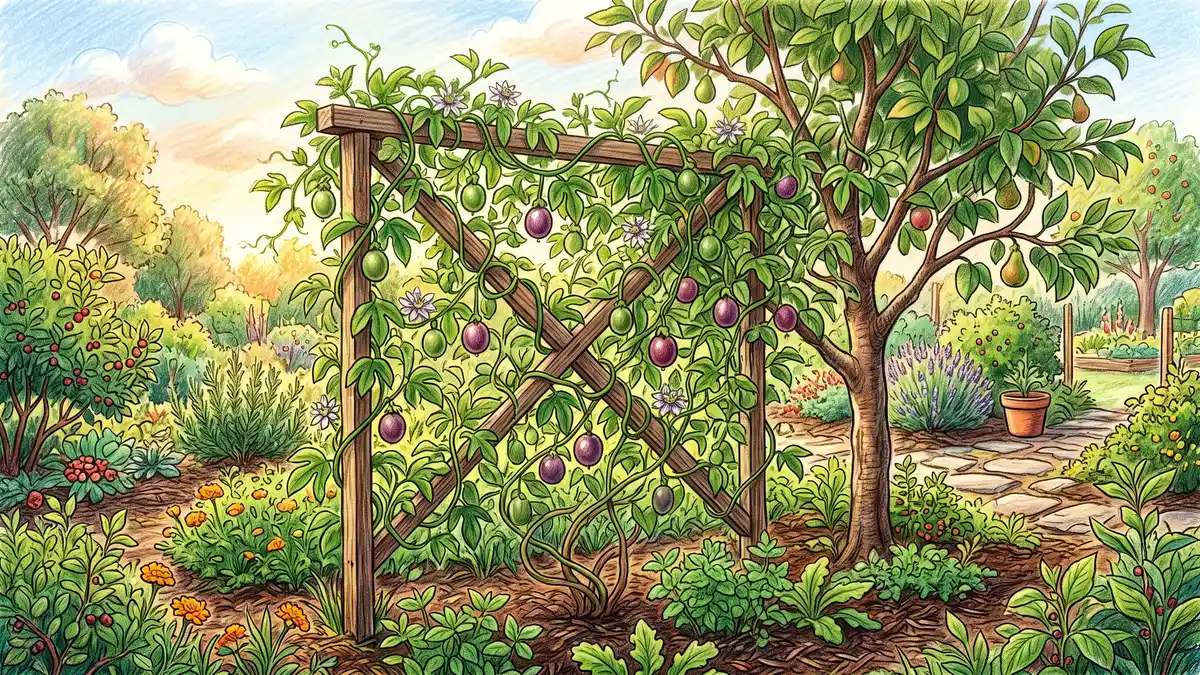 Hand-illustrated passion fruit vine trained up a sturdy trellis and into a small fruit tree in a layered food forest with hanging fruit