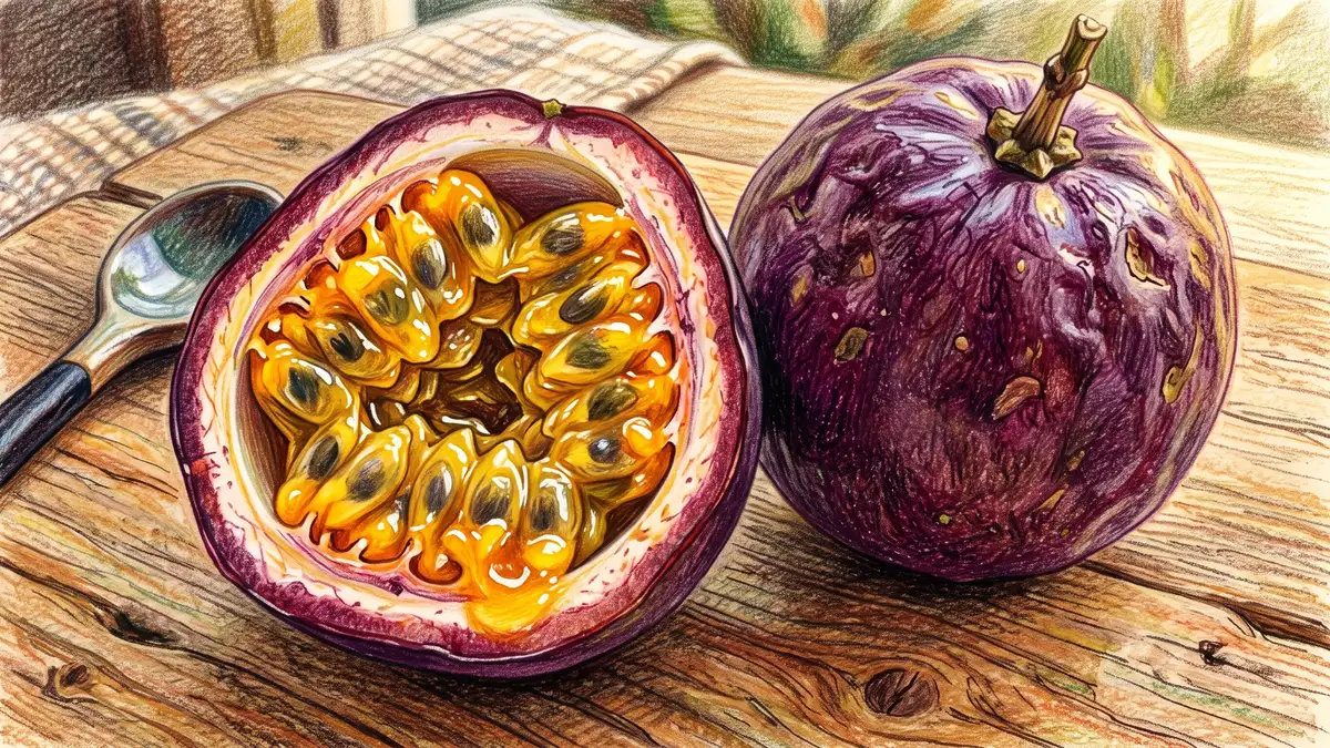 Hand-illustrated ripe purple passion fruit cut in half showing the golden-orange pulp and dark edible seeds inside