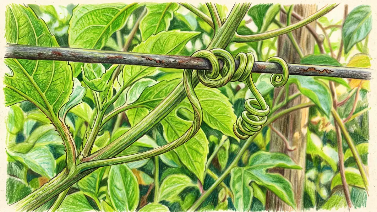 Hand-illustrated close-up of green passion fruit vine tendrils curling around and gripping a wire trellis