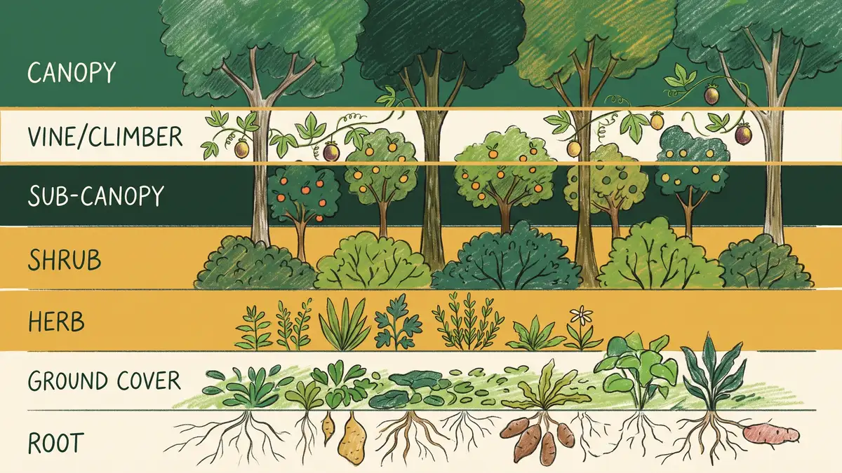Hand-illustrated infographic of the seven layers of a food forest with the vine layer highlighted and a passion fruit vine climbing through it
