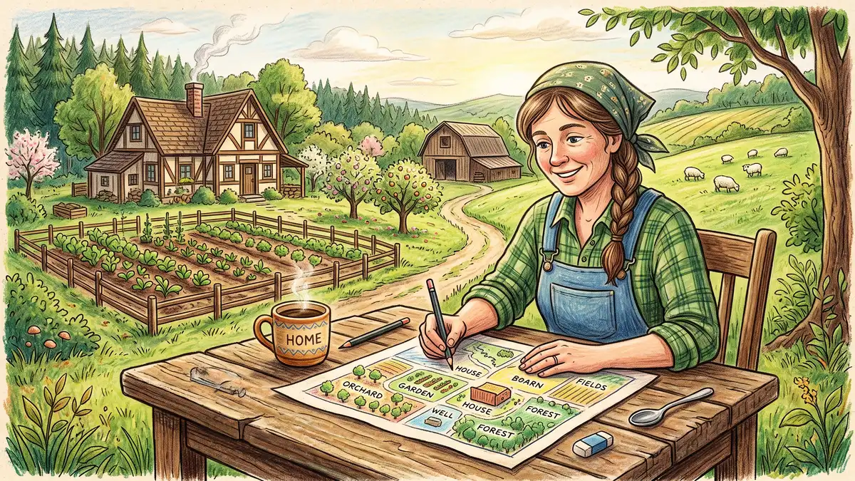 Homesteader sketching a hand-drawn permaculture property map on paper at an outdoor table, with the actual land and house visible behind