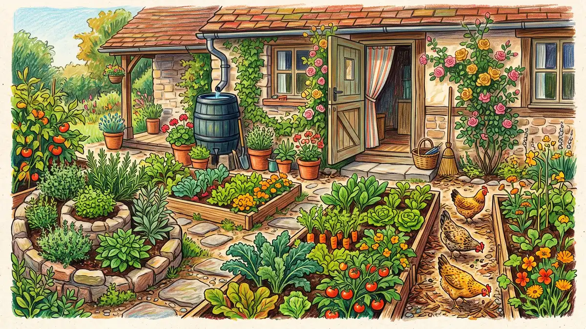 Zone 1 kitchen garden beside a farmhouse back door with raised beds, a herb spiral, a rain barrel, and hens foraging