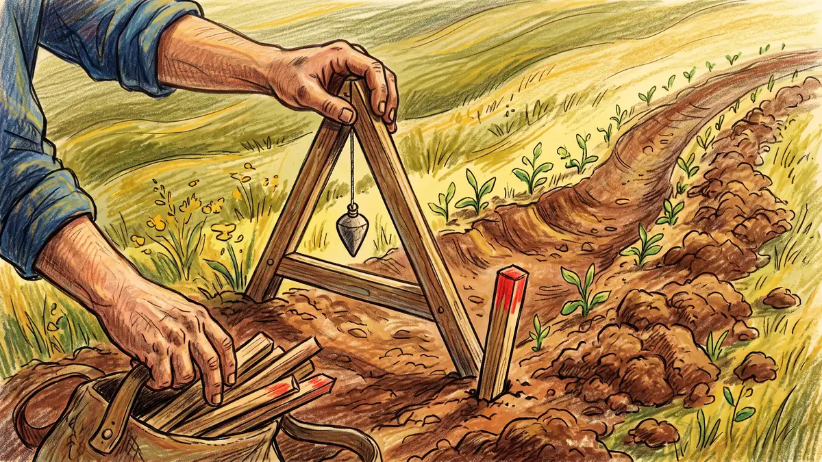 Hands using an A-frame level and stakes to mark a contour line across a sloping field, with a shallow swale being dug to catch rainwater