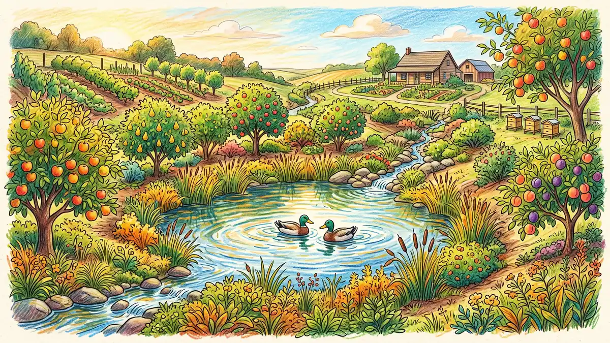 Small homestead pond with two ducks, ringed by fruit trees and reeds, catching runoff at the low point of a permaculture property